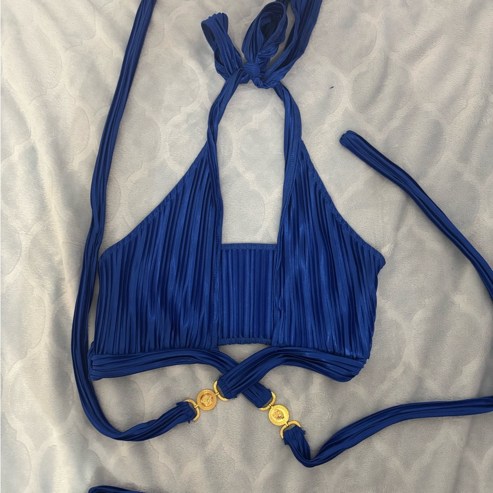 Versace Blue Halter Jumpsuit with Gold Accents